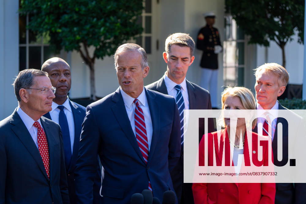 U.S. Senate Majority Leader John Thune (R-S.D.) speaks to the White House Press Corps outside the West Wing of the White House, joined by Senate Majority Whip John Barrasso (R-Wyo.), Sen. Tim Scott (R-SC), Sen. Tom Cotton (R-Ark.), Sen. James Lankford (R-Okla.), and Sen. Shelley Moore Capito (R-W.Va.) following a Rose Garden lunch with President Trump in Washington, D.C., on October 21, 2025. Washington United States - ZUMAl312 20251021_znp_l312_022