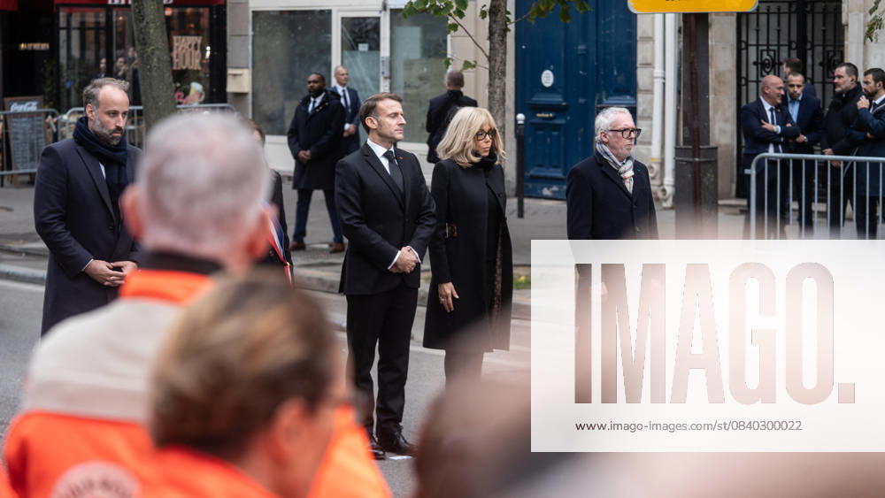 President Emmanuel Macron, Brigitte Macron, Philippe Duperron, president of the association 13ONZE15 during the tribute to the victims of the 13 November 2015 attacks in front of the Bataclan ten years after 13 November 2025 Charles Cohen Boyer Bestimage Tribute to the victims of the 13 November 2015 attacks in front of the Bataclan ten years after 13 November 2025 Paris France