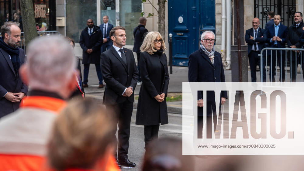 President Emmanuel Macron, Brigitte Macron, Philippe Duperron, president of the association 13ONZE15 during the tribute to the victims of the 13 November 2015 attacks in front of the Bataclan ten years after 13 November 2025 Charles Cohen Boyer Bestimage Tribute to the victims of the 13 November 2015 attacks in front of the Bataclan ten years after 13 November 2025 Paris France