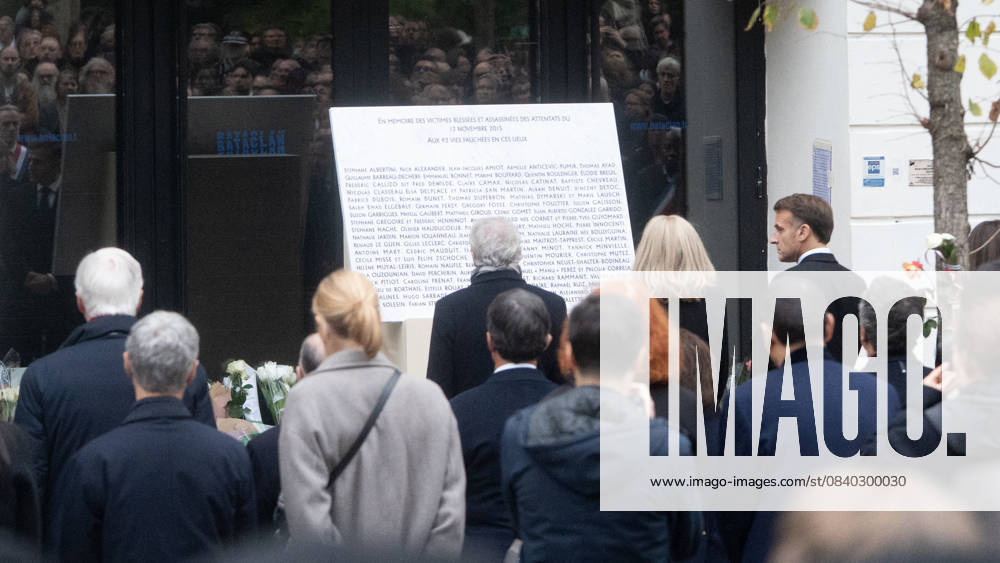 President Emmanuel Macron, Brigitte Macron at the tribute to the victims of the 13 November 2015 attacks in front of the Bataclan ten years after 13 November 2025 Charles Cohen Boyer Bestimage Tribute to the victims of the 13 November 2015 attacks in front of the Bataclan ten years after 13 November 2025 Paris France