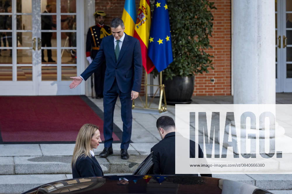 Spanish prime minister Pedro Sanchez meets Ukrainian prime minister Volodymyr Zelensky in Madrid, Spain Spanish prime minister Pedro Sanchez (L) welcomes the Ukrainian prime minister Volodymyr Zelensky (R) during the official visit at the headquarters of the Spanish government in Palacio de la Moncloa, Madrid. Madrid Palacio de la Moncloa Madrid Spain