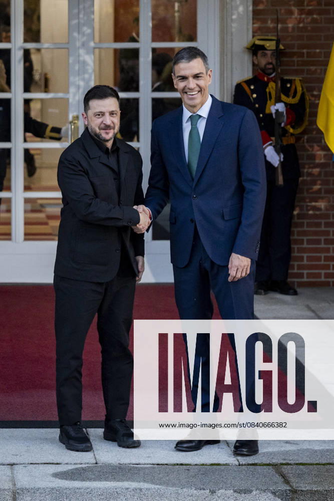 Spanish prime minister Pedro Sanchez meets Ukrainian prime minister Volodymyr Zelensky in Madrid, Spain Spanish prime minister Pedro Sanchez (R) welcomes the Ukrainian prime minister Volodymyr Zelensky (L) during the official visit at the headquarters of the Spanish government in Palacio de la Moncloa, Madrid. Madrid Palacio de la Moncloa Madrid Spain