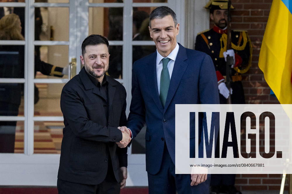 Spanish prime minister Pedro Sanchez meets Ukrainian prime minister Volodymyr Zelensky in Madrid, Spain Spanish prime minister Pedro Sanchez (R) welcomes the Ukrainian prime minister Volodymyr Zelensky (L) during the official visit at the headquarters of the Spanish government in Palacio de la Moncloa, Madrid. Madrid Palacio de la Moncloa Madrid Spain