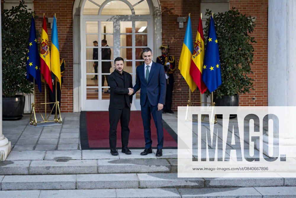 Spanish prime minister Pedro Sanchez meets Ukrainian prime minister Volodymyr Zelensky in Madrid, Spain Spanish prime minister Pedro Sanchez (R) welcomes the Ukrainian prime minister Volodymyr Zelensky (L) during the official visit at the headquarters of the Spanish government in Palacio de la Moncloa, Madrid. Madrid Palacio de la Moncloa Madrid Spain