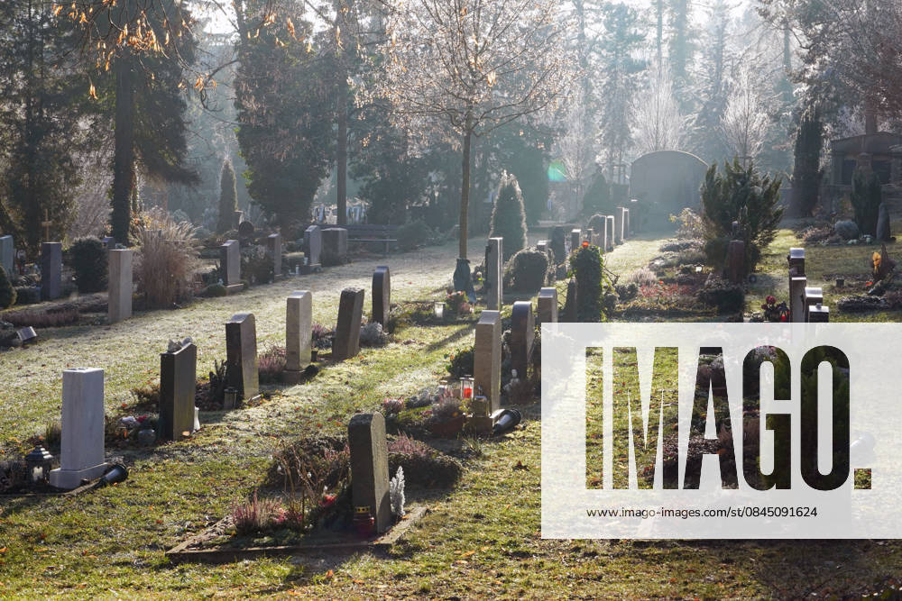 German Cemetery culture, Tomb field with Gravestones at Backlight, Urn graves, Cemetery at Winter 1131607320