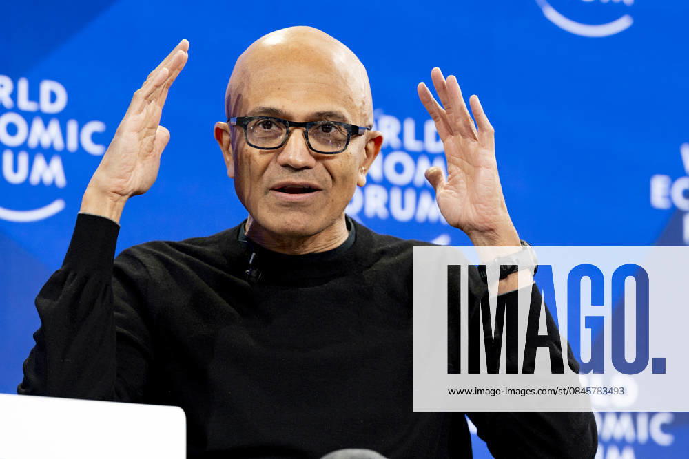 Satya Nadella at World Economic Forum in Davos Conversation with Satya Nadella, CEO of Microsoft session with Laurence Fink, Chair and CEO, BlackRock; Interim Co-Chair, World Economic Forum, BlackRock, USA; Satya Nadella; at the World Economic Forum Annual Meeting 2026 in Davos-Klosters, Switzerland, on 20 1 2026, Credit:World Economic Forum Avalon Davos-Klosters, Switzerland