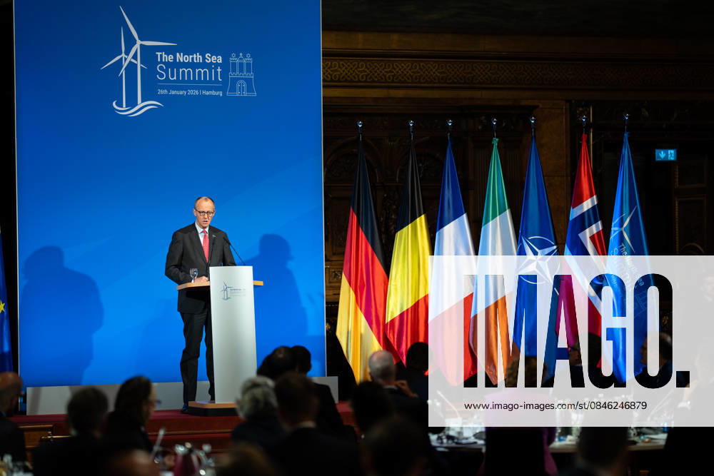 Federal Chancellor Friedrich Merz gives a speech in Hamburg City Hall to the participants of the 3rd North Sea Summit 2026 in Hamburg, Germany 3 North Sea Summit 2026 in Hamburg, Germany, Hamburg Hamburg Germany City Hall, Townhall