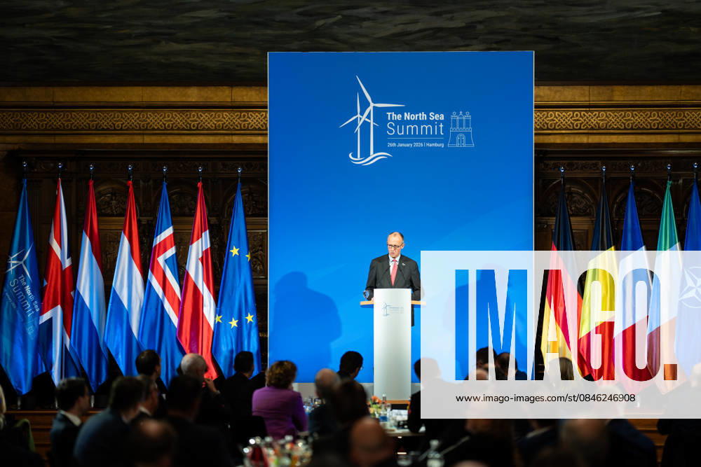 Federal Chancellor Friedrich Merz gives a speech in Hamburg City Hall to the participants of the 3rd North Sea Summit 2026 in Hamburg, Germany 3 North Sea Summit 2026 in Hamburg, Germany, Hamburg Hamburg Germany City Hall, Townhall