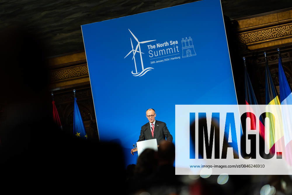 Federal Chancellor Friedrich Merz gives a speech in Hamburg City Hall to the participants of the 3rd North Sea Summit 2026 in Hamburg, Germany 3 North Sea Summit 2026 in Hamburg, Germany, Hamburg Hamburg Germany City Hall, Townhall