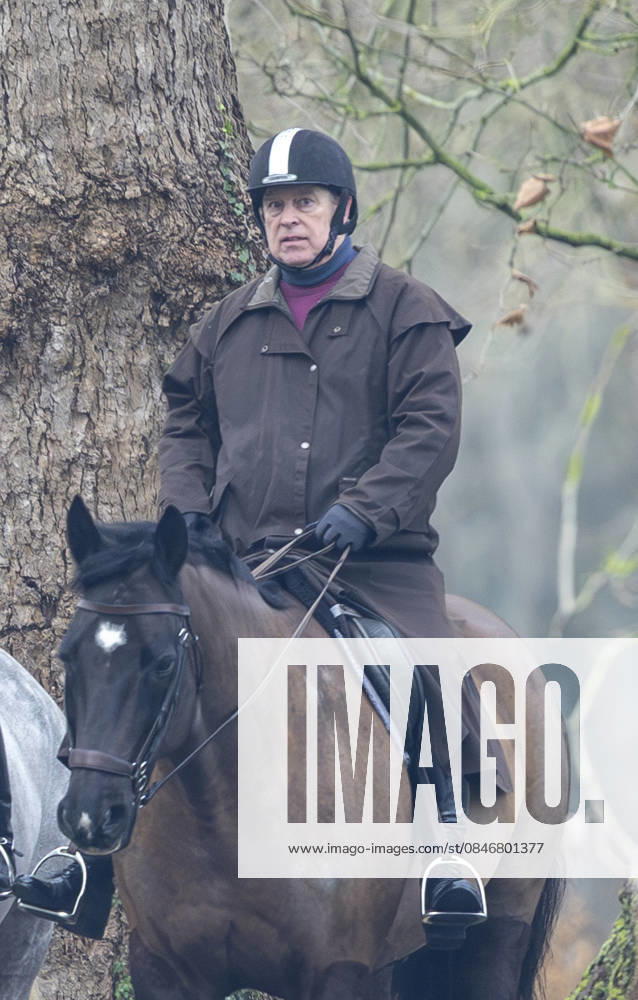Andrew Mountbatten Windsor 02.02.2026. Andrew Mountbatten Windsor rides with a groom in the grounds of Windsor Castle.