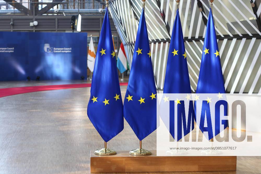 Europe Building EU Summit Flags on the red carpet before the start of the meeting