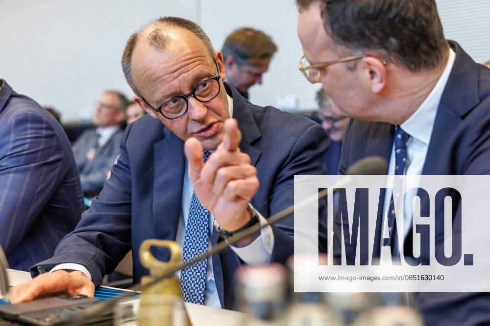 Parliamentary group meeting CDU CSU Federal Chancellor Friedrich Merz CDU and Jens Spahn at a parliamentary group meeting on 24 03 26 in Berlin Berlin Berlin Germany Bundestag