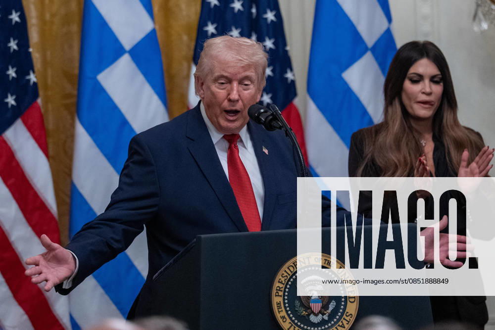 President Donald Trump and Archbishop Elpidophoros of America participate in a Greek Independence Day celebration in the East Room of the White House in Washington, DC, on March 24, 2025. US Ambassador to Greece Kimberly Guilfoyle was also in attendance. White House United States - ZUMAl312 20260326_znp_l312_010