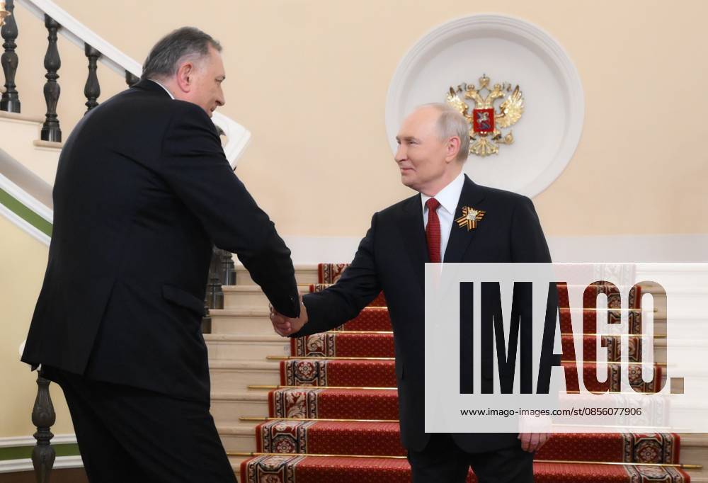 Russia WWII Victory Day Foreign Delegations Arrival 9161022 09.05.2026 Chairman of the Union of Independent Social Democrats of Republika Srpska Milorad Dodik is welcomed by Russian President Vladimir Putin on Victory Day, marking the 81st anniversary of the victory over Nazi Germany in World War Two, at the Kremlin in Moscow, Russia. Grigory Sysoev Sputnik Moscow Russia