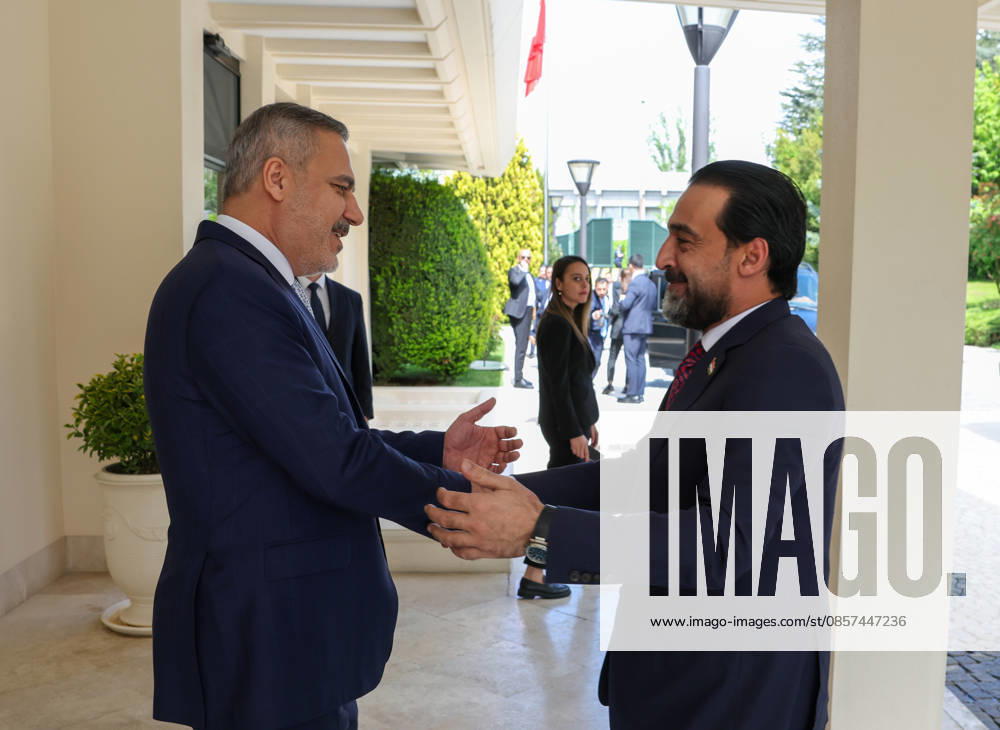 Turkish Foreign Minister Hakan Fidan ANKARA, TURKIYE - MAY 24: (---- - MANDATORY CREDIT - TURKISH FOREIGN MINISTRY HANDOUT - NO MARKETING NO ADVERTISING CAMPAIGNS - DISTRIBUTED AS A SERVICE TO CLIENTS----) Turkish Foreign Minister Hakan Fidan (L) receives the leader of Iraq s Taqaddum Party, Mohammad al-Halbousi (R), in Ankara, Turkiye, on May 24, 2026. Turkish Foreign Ministry Handout Anadolu Ankara Turkey. Editorial use only. Please get in touch for any other usage.