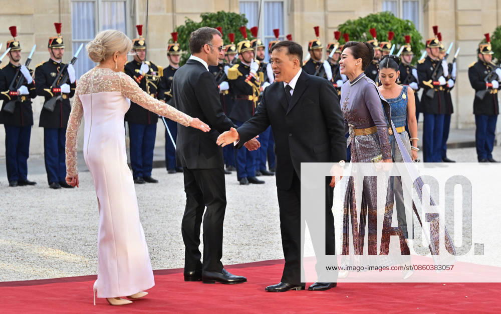 President Emmanuel Macron, Brigitte Macron, Rama X, King of Thailand, and his wife, Queen Suthida, arriving at the Élysée Palace for a state dinnerstate dinner in honor of the visit of the King of Thailand and his wife to Paris on June 29, 2026. Christian Liewig Bestimage Arrivals at the state dinner held at the Élysée Palace in Paris in honor of the visit of the King of Thailand and his wife. Paris, France