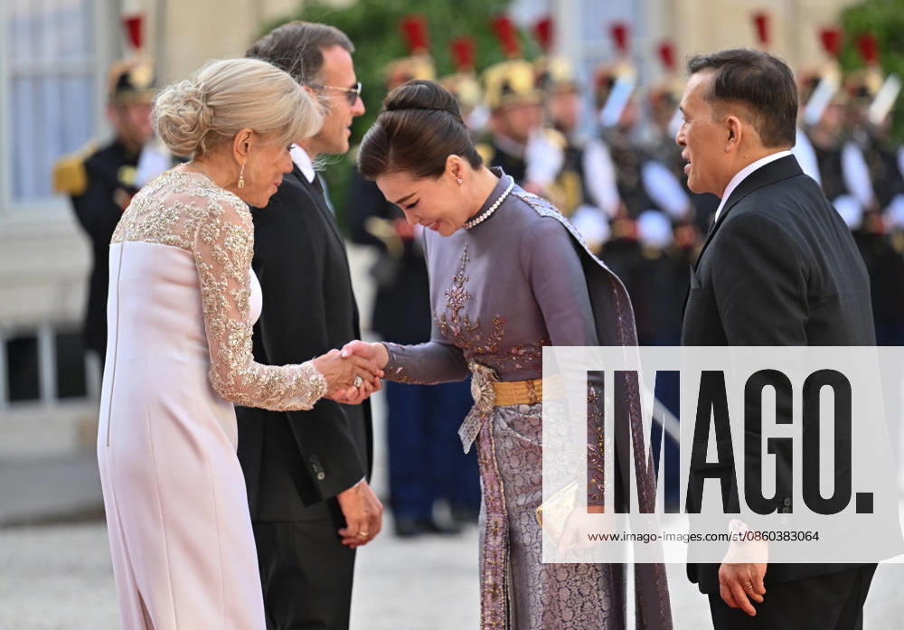 President Emmanuel Macron, Brigitte Macron, Rama X, King of Thailand, and his wife, Queen Suthida, arriving at the Élysée Palace for a state dinnerstate dinner in honor of the visit of the King of Thailand and his wife to Paris on June 29, 2026. Christian Liewig Bestimage Arrivals at the state dinner held at the Élysée Palace in Paris in honor of the visit of the King of Thailand and his wife. Paris, France