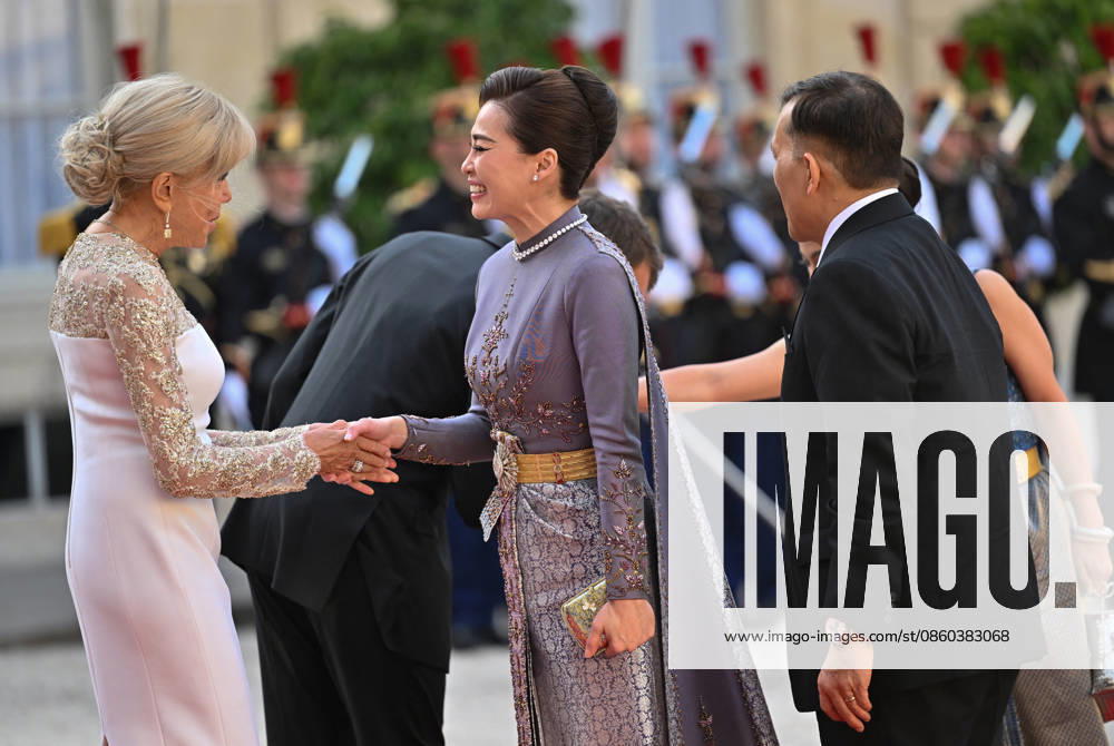 President Emmanuel Macron, Brigitte Macron, Rama X, King of Thailand, and his wife, Queen Suthida, arriving at the Élysée Palace for a state dinnerstate dinner in honor of the visit of the King of Thailand and his wife to Paris on June 29, 2026. Christian Liewig Bestimage Arrivals at the state dinner held at the Élysée Palace in Paris in honor of the visit of the King of Thailand and his wife. Paris, France