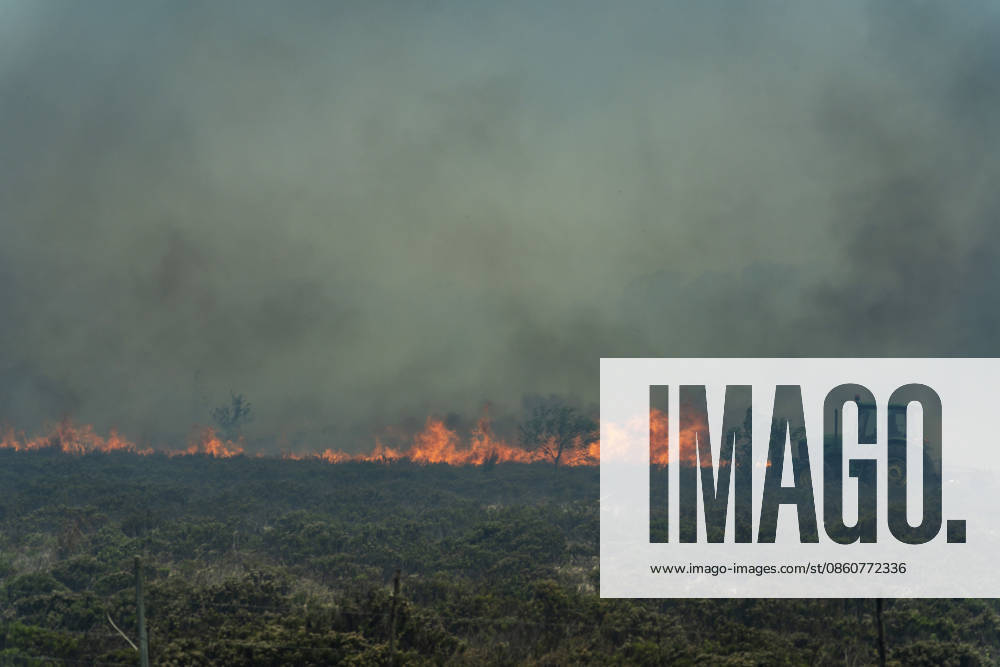 Tractor near a large wildfire with thick smoke in Swellendam, CHPF00954