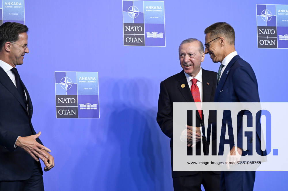 LKS 20260708 Finland s President Alexander Stubb greets Turkey s President Tayyip Erdogan and NATO Secretary General Mark Rutte during the Welcome Ceremony of Allied Heads of State and Government at the North Atlantic Treaty Organization (NATO) Heads of State and Government summit in Ankara, Turkey, on July 8, 2026. - EMMI KORHONEN Ankara Turkey