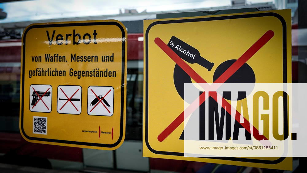 Hanover Central Station Prohibition Sign Prohibited: Weapons, Knives, and Dangerous Objects; Alcohol Prohibited; Alcohol Ban; Hanover, Lower Saxony, DEU, Germany