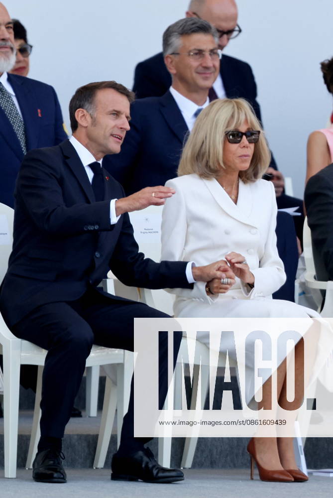 President Emmanuel Macron and Brigitte Macron at the July 14 military ceremony in Paris Jacovides Liewig Bestimage Bastille Day military parade on July 14, 2026, Paris, France