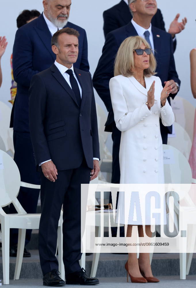 President Emmanuel Macron and Brigitte Macron at the July 14 military ceremony in Paris Jacovides Liewig Bestimage Bastille Day military parade on July 14, 2026, Paris, France