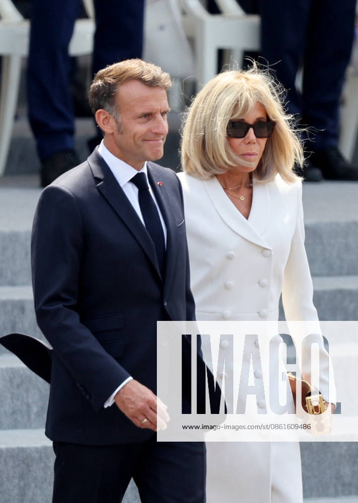 President Emmanuel Macron and Brigitte Macron at the July 14 military ceremony in Paris Jacovides Liewig Bestimage Bastille Day military parade on July 14, 2026, Paris, France