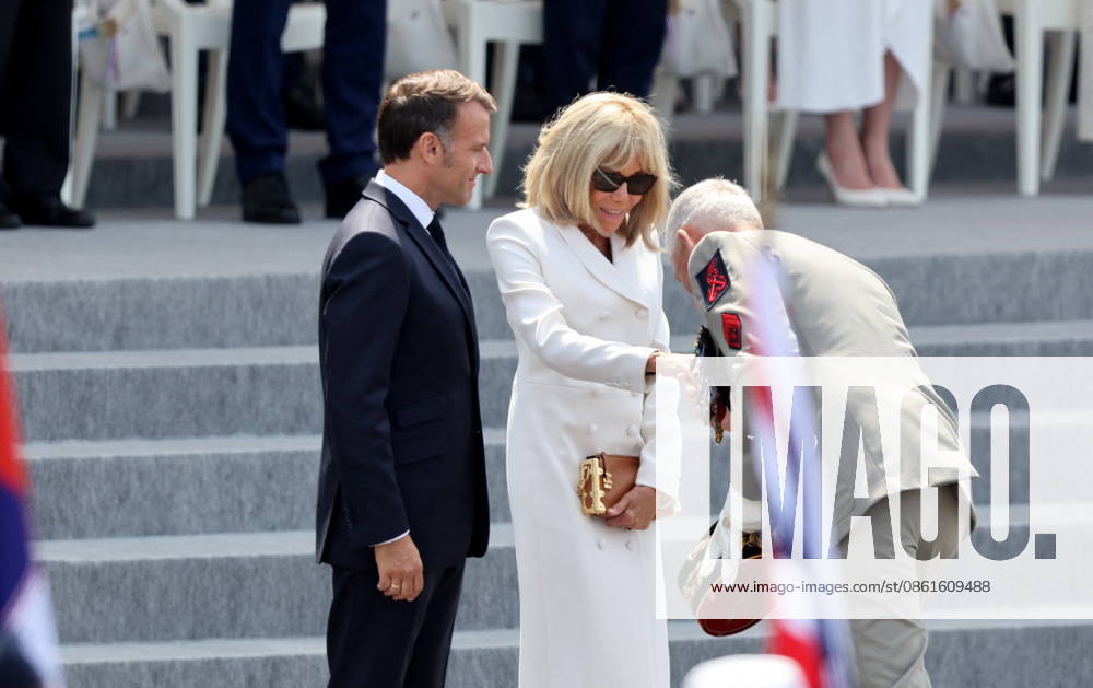 President Emmanuel Macron and Brigitte Macron at the July 14 military ceremony in Paris Jacovides Liewig Bestimage Bastille Day military parade on July 14, 2026, Paris, France