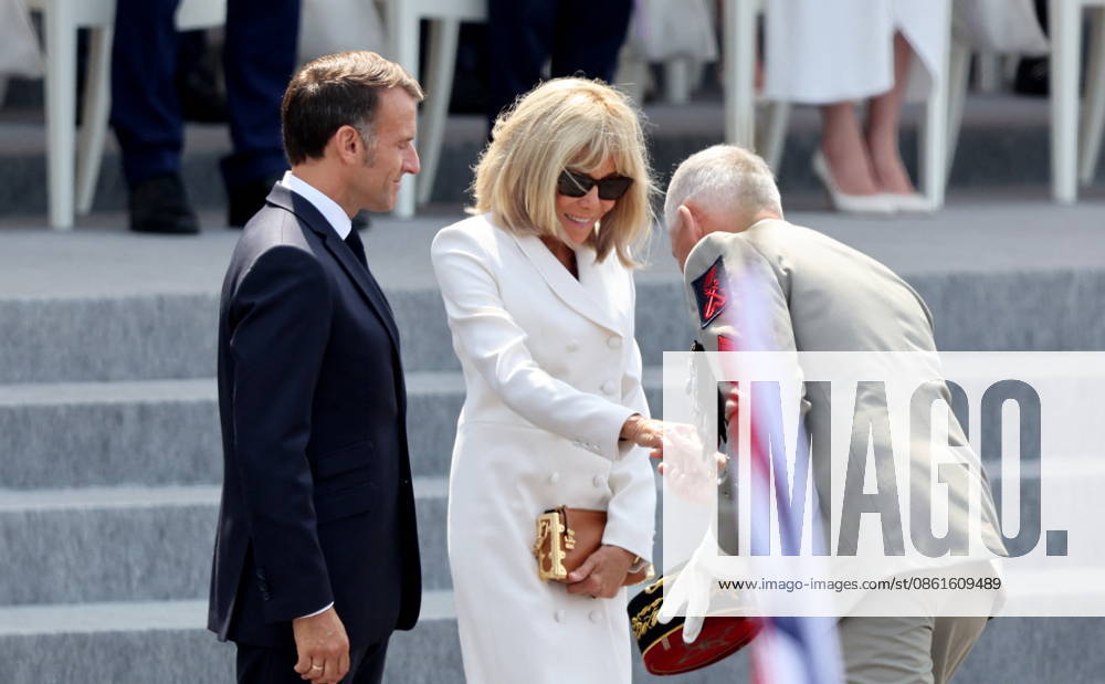President Emmanuel Macron and Brigitte Macron at the July 14 military ceremony in Paris Jacovides Liewig Bestimage Bastille Day military parade on July 14, 2026, Paris, France