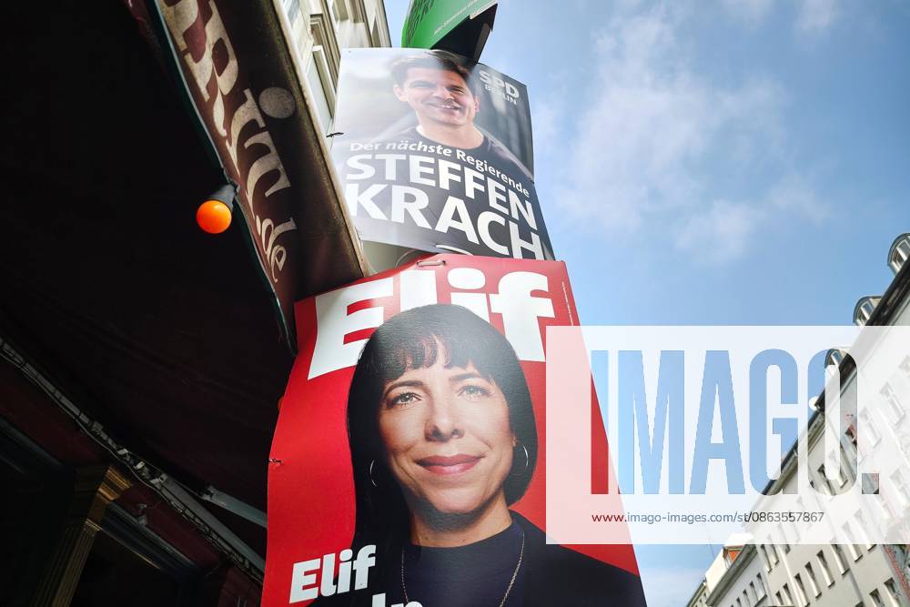 Berlin, Germany, August 5, 2026: Campaign posters featuring Steffen Krach (SPD) and Elif Eralp (The Left)