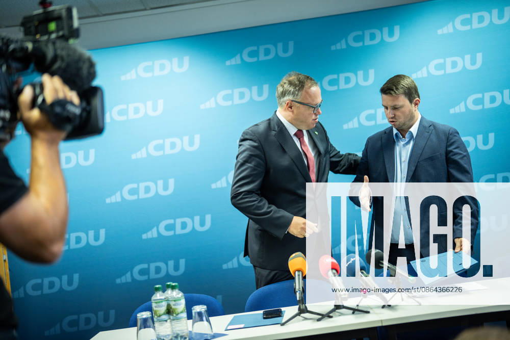 Mario Voigt, Minister President of Thuringia, with Niklas Waßmann, Secretary General of the CDU Thuringia Press conference held by the Minister President of Thuringia at the CDU state headquarters in Erfurt, Thuringia, Germany CDU Thuringia State Headquarters