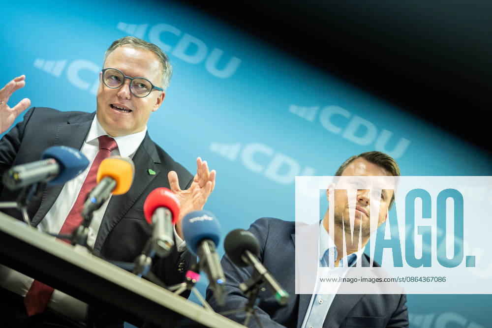 Mario Voigt, Minister-President of Thuringia, with Niklas Waßmann, Secretary General of the CDU Thuringia Press conference held by the Minister-President of Thuringia at the CDU state headquarters in Erfurt, Thuringia, Germany CDU Thuringia State Headquarters