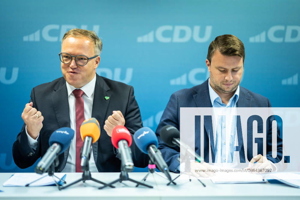 Mario Voigt, Minister President of Thuringia, with Niklas Waßmann, Secretary General of the CDU Thuringia Press conference held by the Minister President of Thuringia at the CDU’s state headquarters in Erfurt, Thuringia, Germany CDU Thuringia State Headquarters