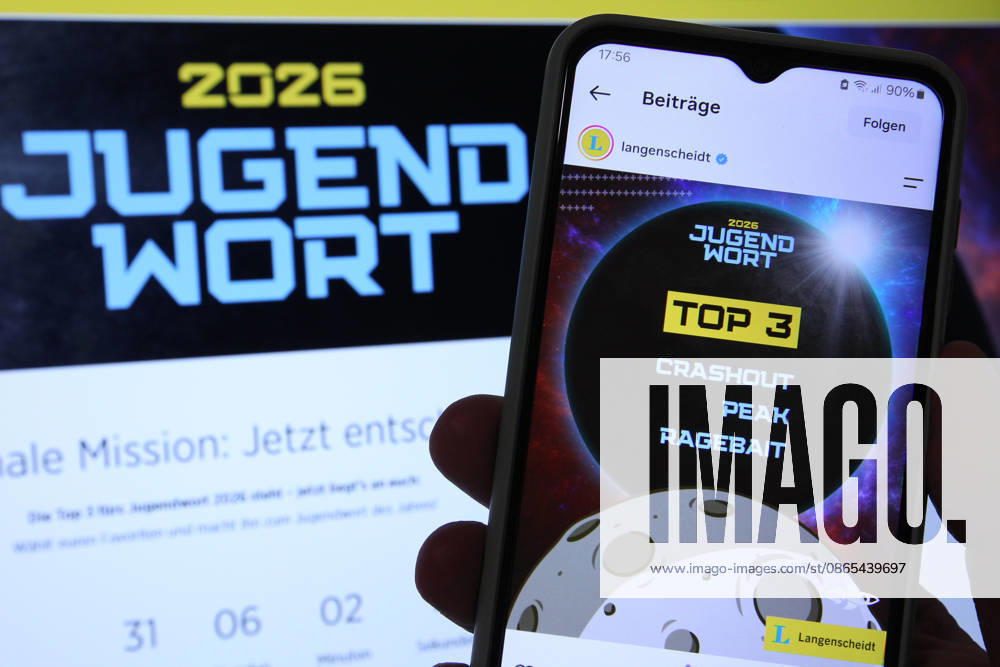 On a laptop, the Langenscheidt Verlag website was opened, featuring the Youth Word of the Year contest. Prior to that, Langenscheidt Verlag’s Instagram account had posted about the contest, highlighting the three remaining terms: Ragebait, Peak, and Crashout. Stock image. Stock photo. Schnelsen, Hamburg