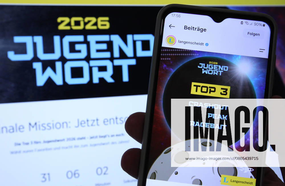 On a laptop, the Langenscheidt Verlag website was opened, featuring the Youth Word of the Year contest. Prior to that, Langenscheidt Verlag’s Instagram account had posted about the contest, highlighting the three remaining terms: Ragebait, Peak, and Crashout. Stock image. Stock photo. Schnelsen, Hamburg
