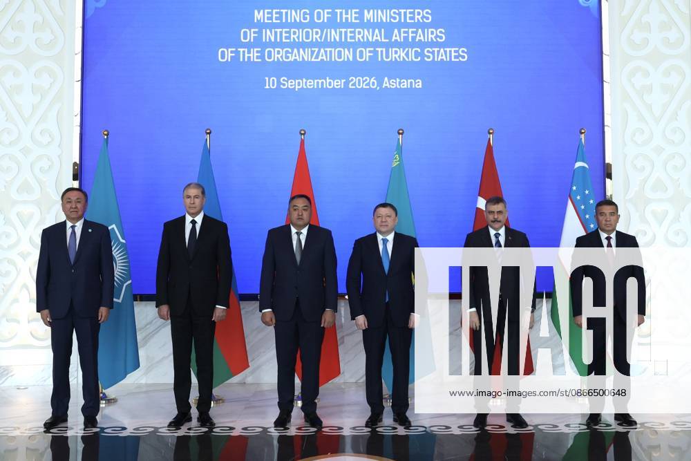 Turkiye’s Interior Minister Mustafa Ciftci attends OTS Ministers of Internal Affairs Meeting in Astana ASTANA, KAZAKHSTAN - SEPTEMBER 10: (---- - MANDATORY CREDIT - TURKISH MINISTRY OF INTERIOR HANDOUT - NO MARKETING NO ADVERTISING CAMPAIGNS - DISTRIBUTED AS A SERVICE TO CLIENTS----) Turkiye’s Interior Minister Mustafa Ciftci (2nd R), Kazakhstan’s Interior Minister Yerzhan Sadenov (3rd R), Azerbaijan’s Interior Minister Vilayet Eyvazov (2nd L), Kyrgyzstan’s Interior Minister Ulan Niyazbekov (3rd L), Uzbekistan’s Interior Minister Aziz Tashpolatov (R), and Secretary General of the Organization of Turkic States (OTS) Kubanychbek Omuraliev (L) attend the 3rd Meeting of the Organization of Turkic States (OTS) Ministers of