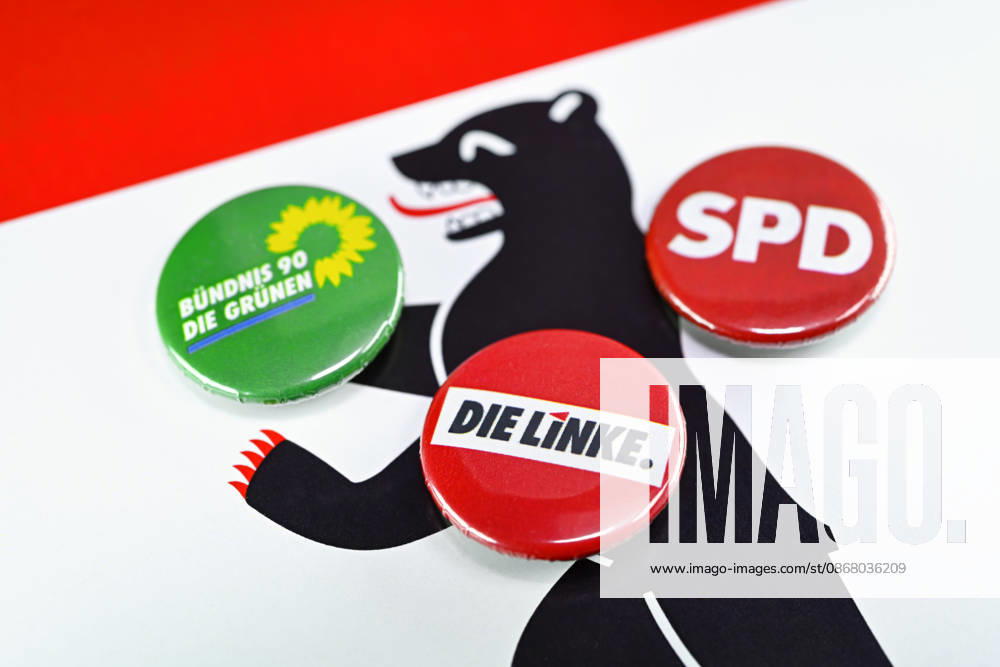 Party badges of Die Linke, the SPD, and the Greens on the Berlin coat of arms; symbolic photo of a red-green-red coalition. Hamburg, Hamburg, Germany ** ** **