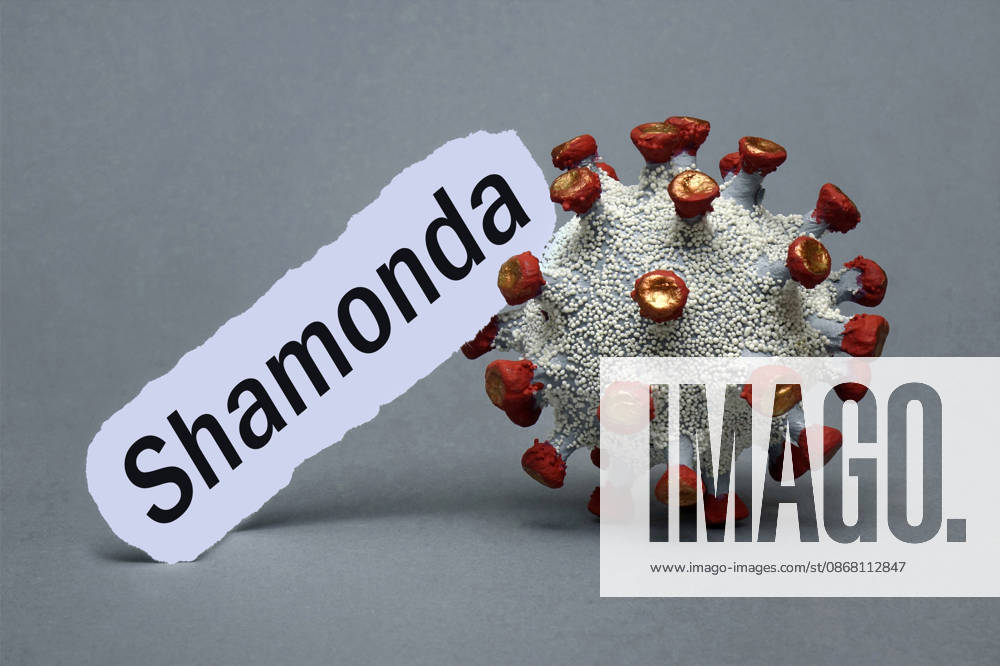 Virus model with Shamonda lettering; photomontage of a virus model with Shamonda lettering, September 29, 2026, Borkwalde, Brandenburg; next to a virus model is the lettering Shamonda