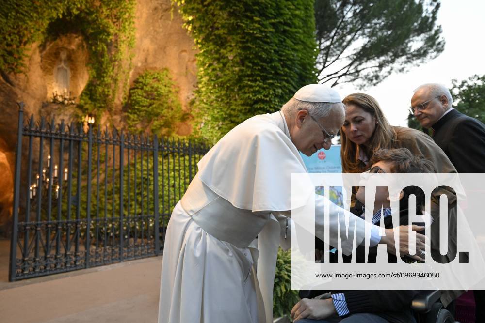 IPA89187810 - Italy, Rome, Vatican, October 1, 2026: Pope Leo XIV reacts as he attends the One Million Children Praying the Rosary event at the Lourdes Grotto in the Vatican Gardens. Photograph by VATICAN MEDIA Catholic Press Photo
