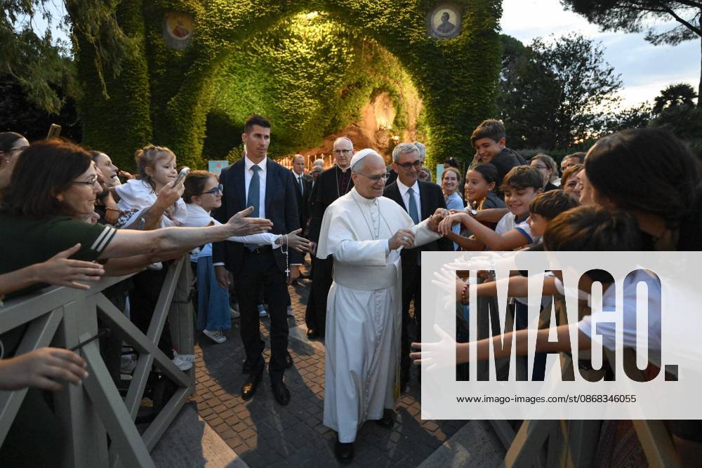 IPA89187811 - Italy, Rome, Vatican, October 1, 2026: Pope Leo XIV reacts as he attends the One Million Children Praying the Rosary event at the Lourdes Grotto in the Vatican Gardens. Photograph by VATICAN MEDIA Catholic Press Photo