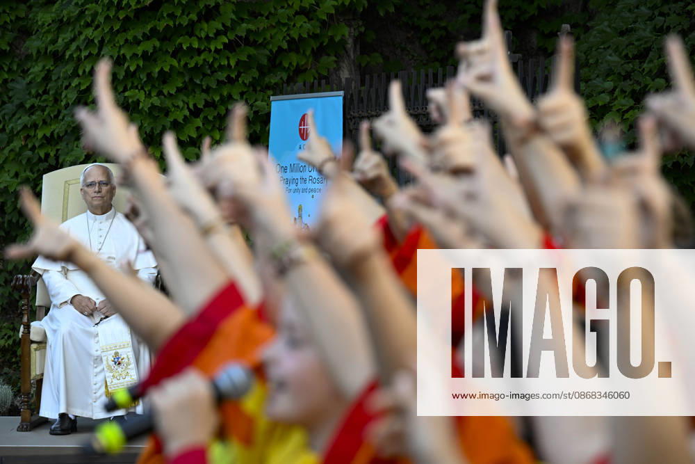 IPA89187812 - Italy, Rome, Vatican, October 1, 2026: Pope Leo XIV reacts as he attends the One Million Children Praying the Rosary event at the Lourdes Grotto in the Vatican Gardens. Photograph by VATICAN MEDIA Catholic Press Photo
