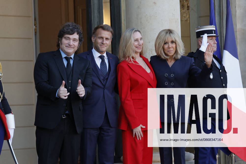 Javier Milei received at Elysee Palace - Paris France’s President Emmanuel Macron and his wife Brigitte is seen here receiving Argentina’s President Javier Milei and his sister Karina in Elysee Palace in Paris, France on October 1st, 2026. Photo by Henri Szwarc ABACAPRESS.COM Paris France