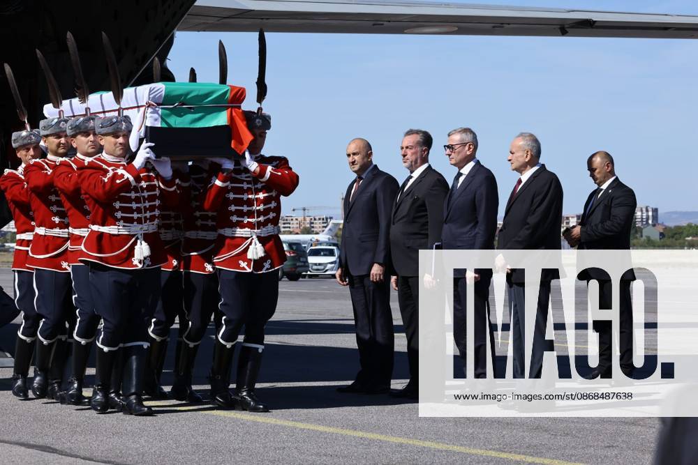 (261003) -- SOFIA, Oct. 3, 2026 -- Bulgarian Prime Minister Rumen Radev (1st L) and other officials welcome the remains identified as those of Tsar Samuel, who ruled the First Bulgarian Empire from 997 to 1014, at the airport in Sofia, Bulgaria, Oct. 3, 2026. Greece and Bulgaria signed a protocol Saturday on the reciprocal handover of cultural artefacts, under which 48 Greek artefacts will return from Bulgaria, while Greece will hand over to Bulgaria the remains identified as those of medieval Bulgarian ruler Tsar Samuel, Greek national broadcaster ERT reported. After the handover ceremony in Greece, the remains identified as those of Tsar Samuel, who ruled the First Bulgarian Empire from 997 to 1014, arrived in Bulgarian capital of Sofia