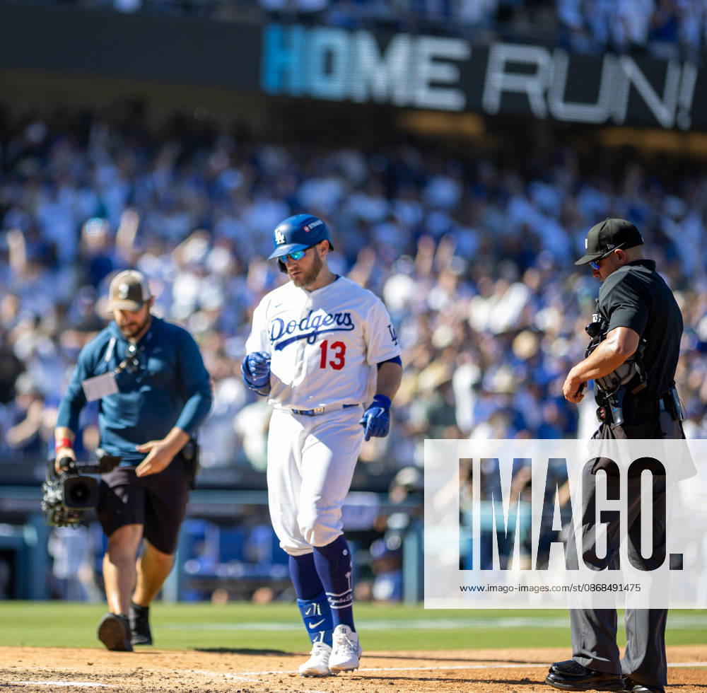 Max Muncy of the Los Angeles Dodgers reacts after hitting a solo home run during the game against the Atlanta Braves in game one of the National League Division Series at Dodger Stadium on October 03, 2026 in Los Angeles, California. Los Angeles Dodgers won the game 5-3. . Los Angeles USA - ZUMAa60_ 20261003_zaf_a60_031