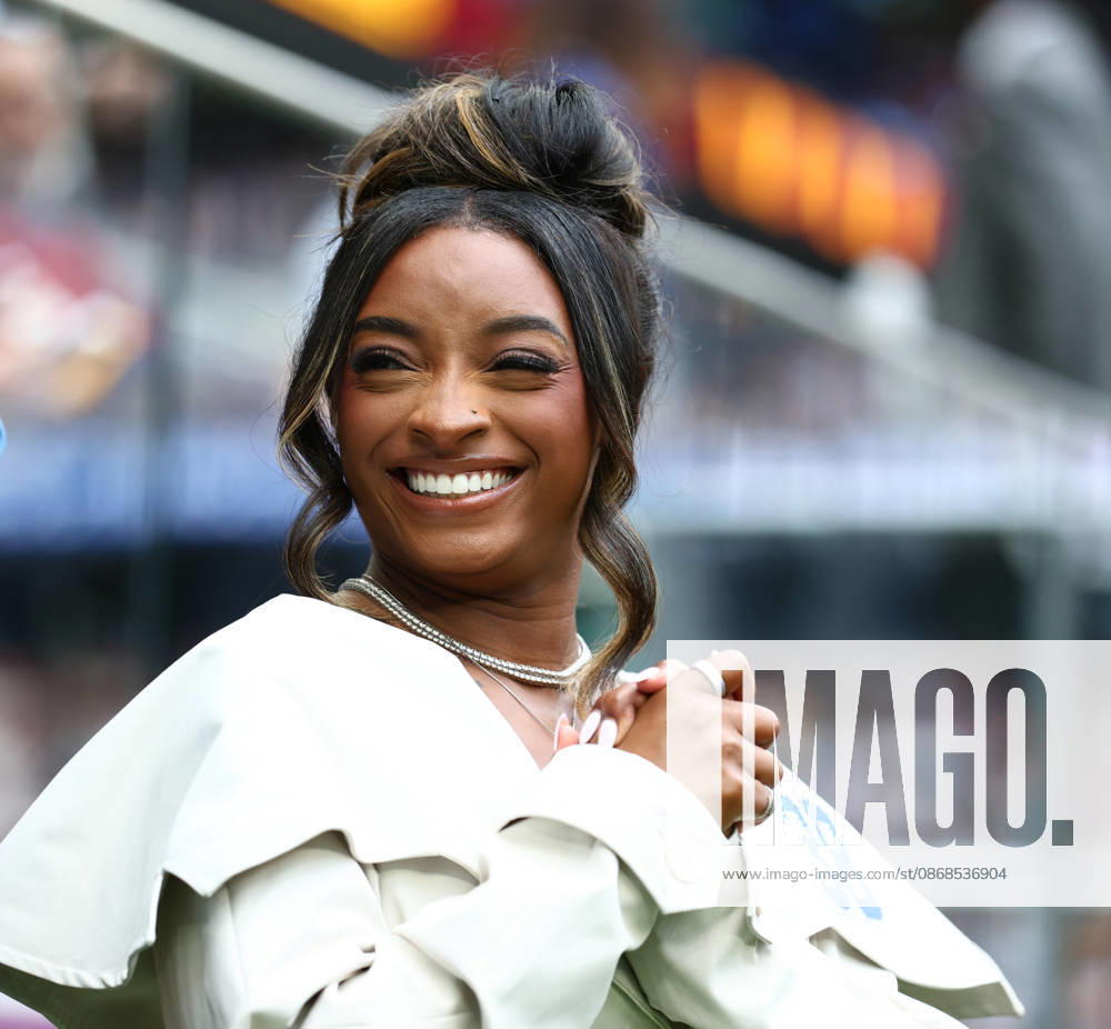 US artistic gymnastics legends SIMONE BILES attends the NFL 2026 27 regular season matchday 4 between INDIANAPOLIS COLTS and WASHINGTON COMMANDERS at the Tottenham Hotspur Stadium in London, United Kingdom. London United Kingdom - ZUMAc179 20261004_zep_c179_003