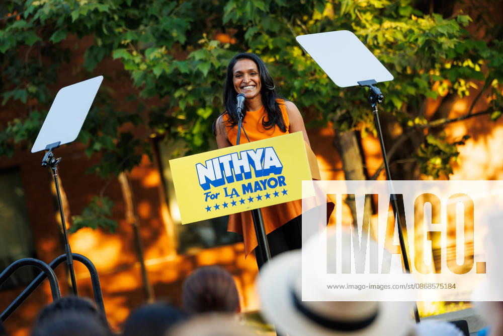 Los Angeles mayoral candidate NITHYA RAMAN gives a speech to her supporters during an event at Los Angeles Trade-Technical College in downtown Los Angeles on Sunday, Oct. 4, 2026. A recent poll by UC Berkeley indicates that Raman currently leads Los Angeles Mayor Karen Bass by 11 points, 39% to 28% Los Angeles USA - ZUMAt176 20261004_zsp_t176_001
