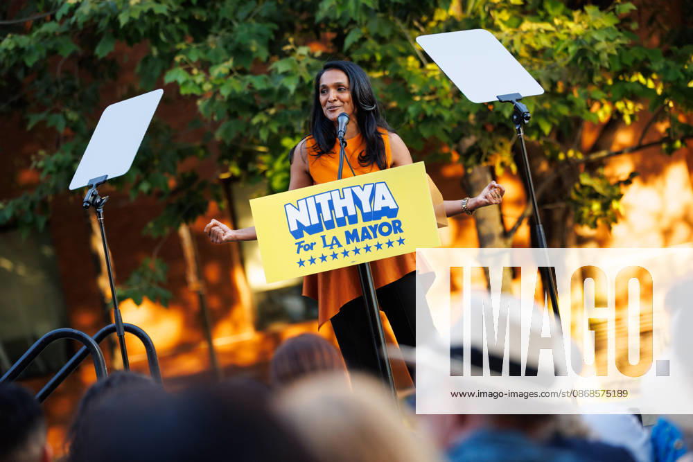 Los Angeles mayoral candidate NITHYA RAMAN gives a speech to her supporters during an event at Los Angeles Trade-Technical College in downtown Los Angeles on Sunday, Oct. 4, 2026. A recent poll by UC Berkeley indicates that Raman currently leads Los Angeles Mayor Karen Bass by 11 points, 39% to 28% Los Angeles USA - ZUMAt176 20261004_zsp_t176_003
