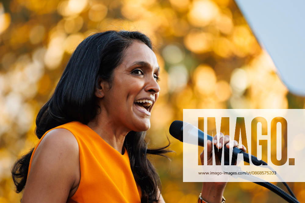 Los Angeles mayoral candidate NITHYA RAMAN gives a speech to her supporters during an event at Los Angeles Trade-Technical College in downtown Los Angeles on Sunday, Oct. 4, 2026. A recent poll by UC Berkeley indicates that Raman currently leads Los Angeles Mayor Karen Bass by 11 points, 39% to 28% Los Angeles USA - ZUMAt176 20261004_zsp_t176_007