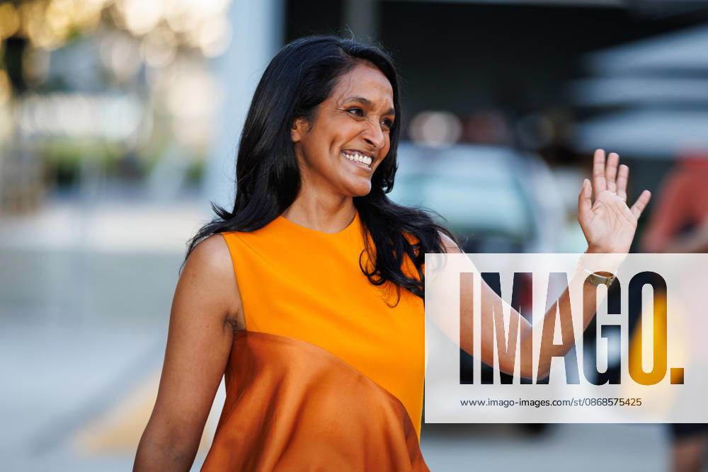 Los Angeles mayoral candidate NITHYA RAMAN waves to supporters as she walks toward the stage during an event at Los Angeles Trade-Technical College in downtown Los Angeles on Sunday, Oct. 4, 2026. Los Angeles USA - ZUMAt176 20261004_zsp_t176_017